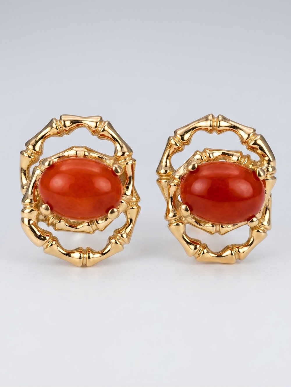 Vintage Estate Solid 14k Yellow Gold Orange Coral Bamboo Earrings! - Picture 3 of 9